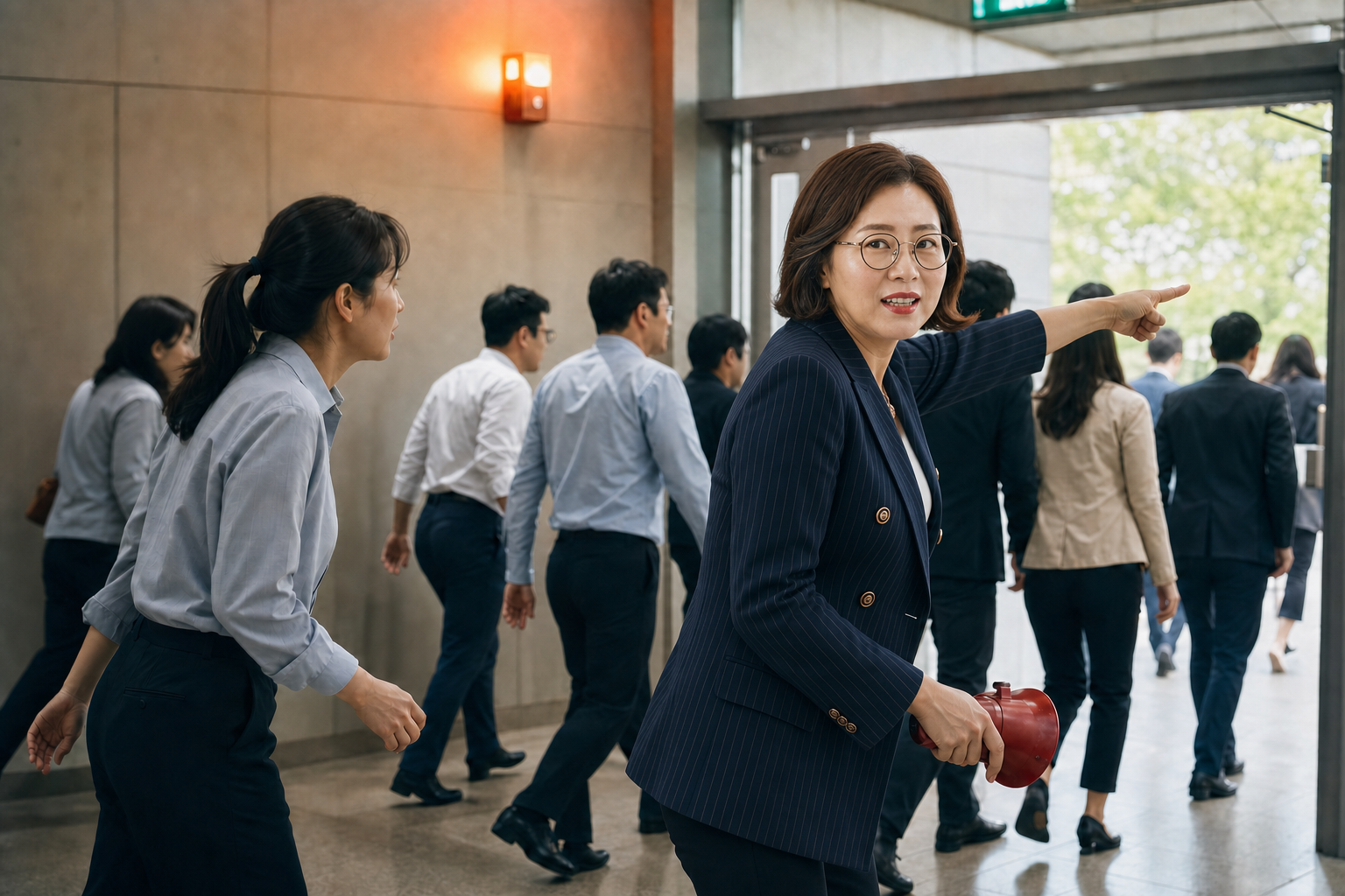 네이비 정장을 입고 화재 대피를 지도하는 김명순 강사