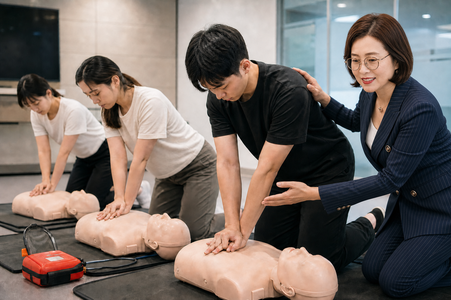 네이비 정장을 입고 심폐소생술을 지도하는 김명순 강사