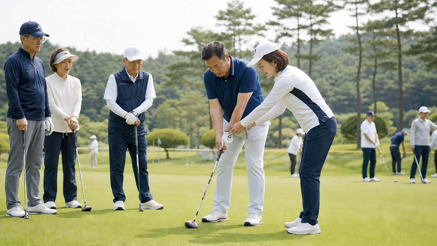 김명순 대표가 야외에서 지도하는 파크골프 교육