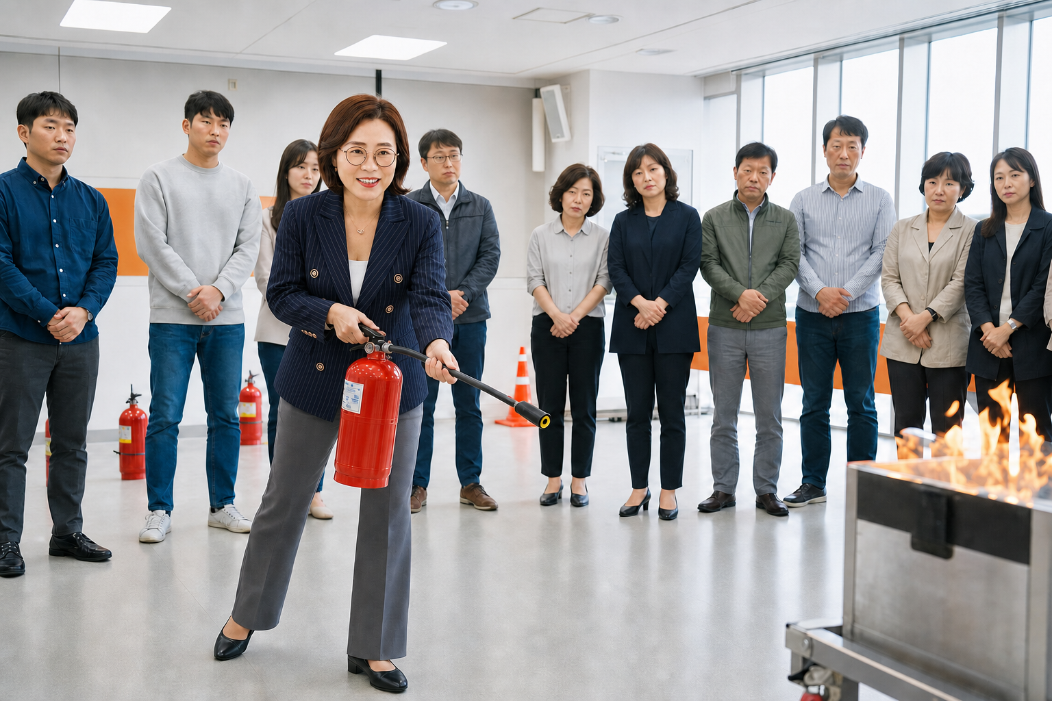 김명순 대표가 소화기 사용과 대피 행동을 지도하는 화재안전 교육